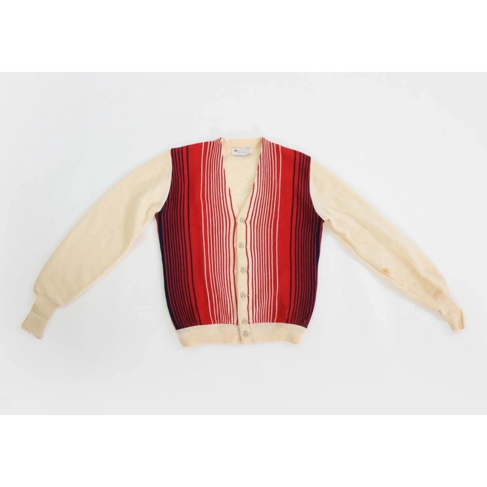 VTG 1960s Lord Jeff Red, Ivory + blue striped virgin wool knit cardigan AS IS